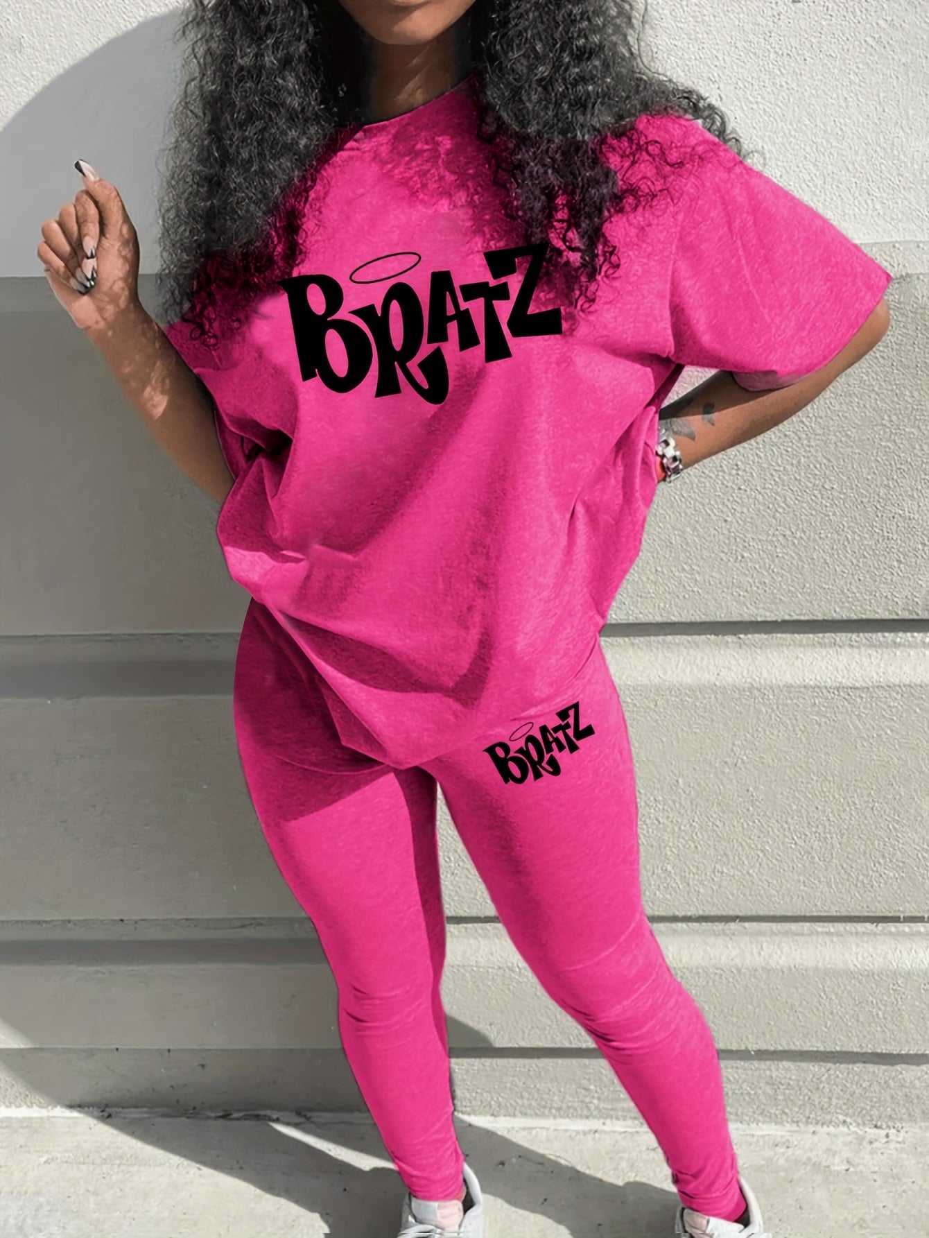 Bratz Letter Print Two-piece Set, Casual Short Sleeve Loose T-shirt & Skinny Pants Outfits, Women's Clothing